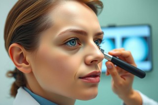 The image shows a woman in what appears to be an optician's office, using a slit lamp for eye examination. The woman has her eyes closed and is holding the slit lamp close to her face. 