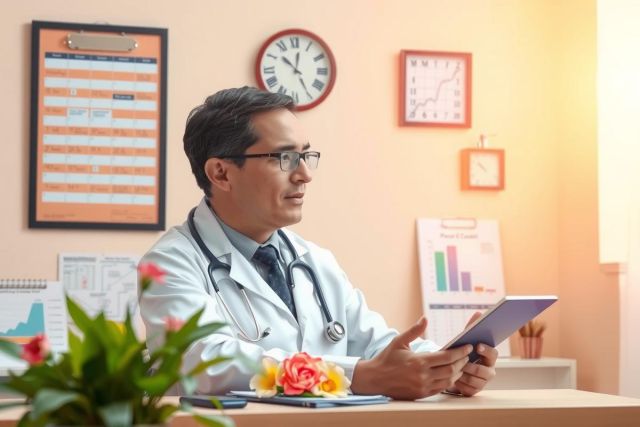 A doctor sitting at his desk, looking at a tablet PC and holding a clipboard. He is wearing glasses and appears to be reviewing patient information.