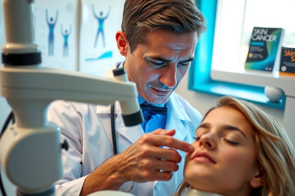 The image shows a medical professional in a dental or optician setting, performing an examination on a patient. The man appears to be a dentist or similar specialist, dressed in professional attire including a white lab coat.