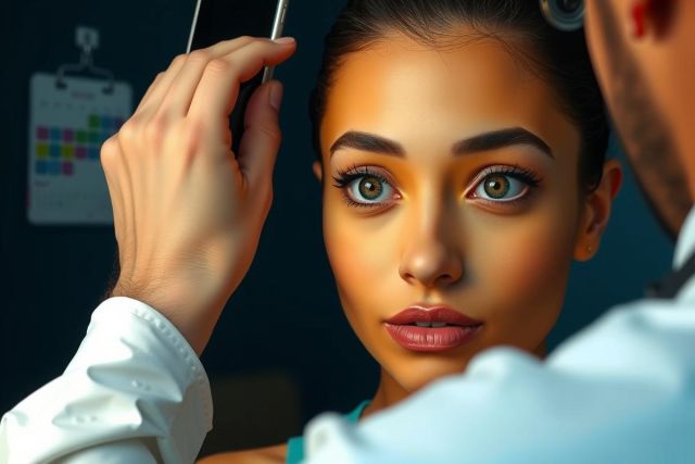 A young woman is getting her hair done at a salon. The hairdresser is cutting and styling her long, straight hair while she looks directly ahead, focusing on the process. 
