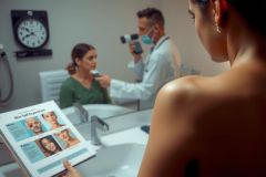 This is an image of a beauty-related scenario. There is a woman seated in a dental or medical chair, facing another person who appears to be taking pictures of her face with a camera. The setting looks like a professional environment possibly for cosmetic treatments. 