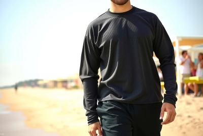 This is an image of a man walking on a beach. He is wearing dark athletic clothing and appears to be in motion, possibly running or jogging. The environment suggests a warm and sunny day at the seaside.