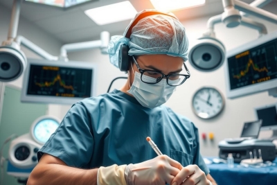 The image showcases a surgeon in an operating room. The professional is wearing surgical attire, including a headset and protective eyewear. They are holding a pen and appear to be recording or writing down observations during a medical procedure. 