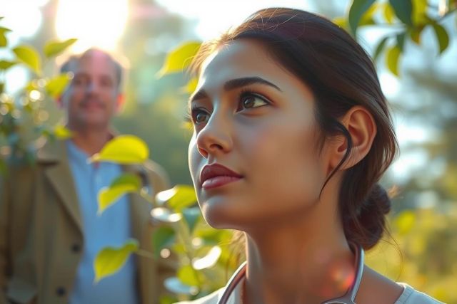 The image features a woman standing amidst apple orchards, looking to the side with a neutral expression. She has dark hair and is wearing a light-colored top. 