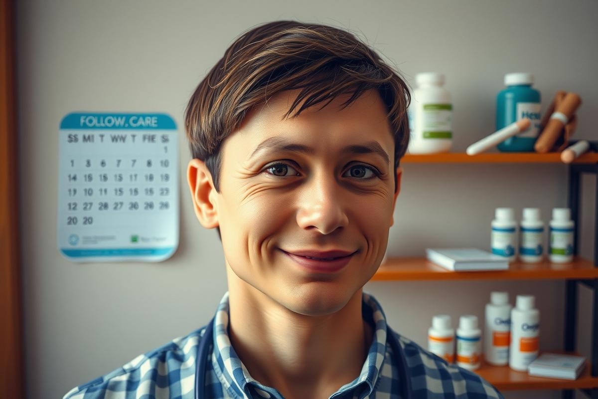 In the image, there is a young man with brown hair who appears to be sitting at a table. He is wearing a blue shirt and has a small smile on his face. 