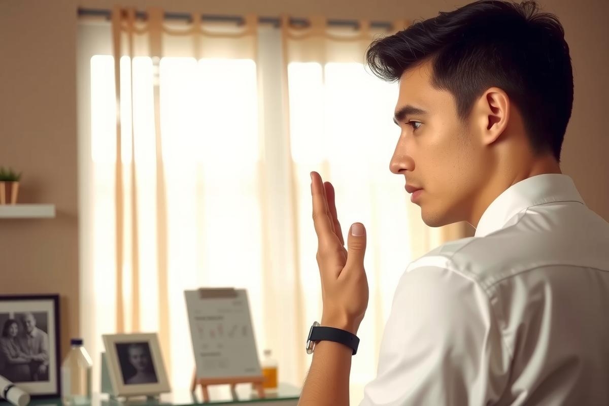 The image shows a young man in an indoor setting, wearing a white shirt. He is engaged in conversation, with one hand raised as if he's gesturing or making a point.