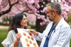 A smiling young woman holding a book with a doctor pointing to something on its pages. They are outdoors in a park setting with cherry blossom trees in the background.