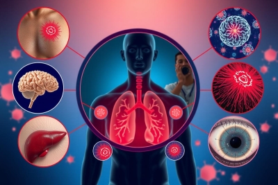 The image is a digital illustration focusing on the human respiratory system, particularly the lungs and heart. It features a 3D animated model of a person from the chest up, with various organs highlighted in red and connected by arrows pointing to different parts of the body. 