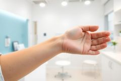 Close-up of a hand showing swelling and redness, likely indicating inflammation or injury. The background depicts a bright, modern medical clinic setting with white walls and a blue accent. Focus on wrist and hand health, medical examination, and potential pain.