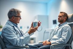 Doctor explaining medical oxygen concentrator to patient in a modern clinical setting. Healthcare professional in white coat demonstrates device, promoting respiratory therapy and patient care. Blue and white tones create a clean, professional atmosphere.