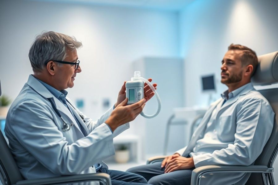 Doctor explaining medical oxygen concentrator to patient in a modern clinical setting. Healthcare professional in white coat demonstrates device, promoting respiratory therapy and patient care. Blue and white tones create a clean, professional atmosphere.
