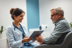 Doctor consults with a senior patient in a modern clinic. A female healthcare professional wearing a stethoscope reviews data on a tablet with an elderly man. The scene features a clean, bright interior with blue accents, representing medical care and patient consultation.