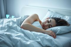 Woman sleeping peacefully in a cozy, softly lit bedroom. The image features a white bed, fluffy pillows, and a calming blue hue. A serene depiction of rest and relaxation, perfect for sleep-related content or wellness imagery.
