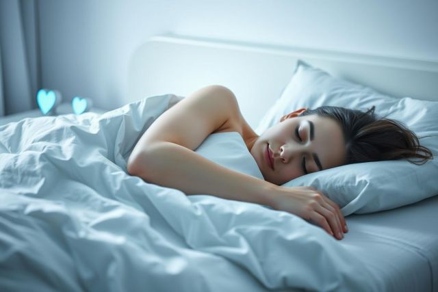 Woman sleeping peacefully in a cozy, softly lit bedroom. The image features a white bed, fluffy pillows, and a calming blue hue. A serene depiction of rest and relaxation, perfect for sleep-related content or wellness imagery.