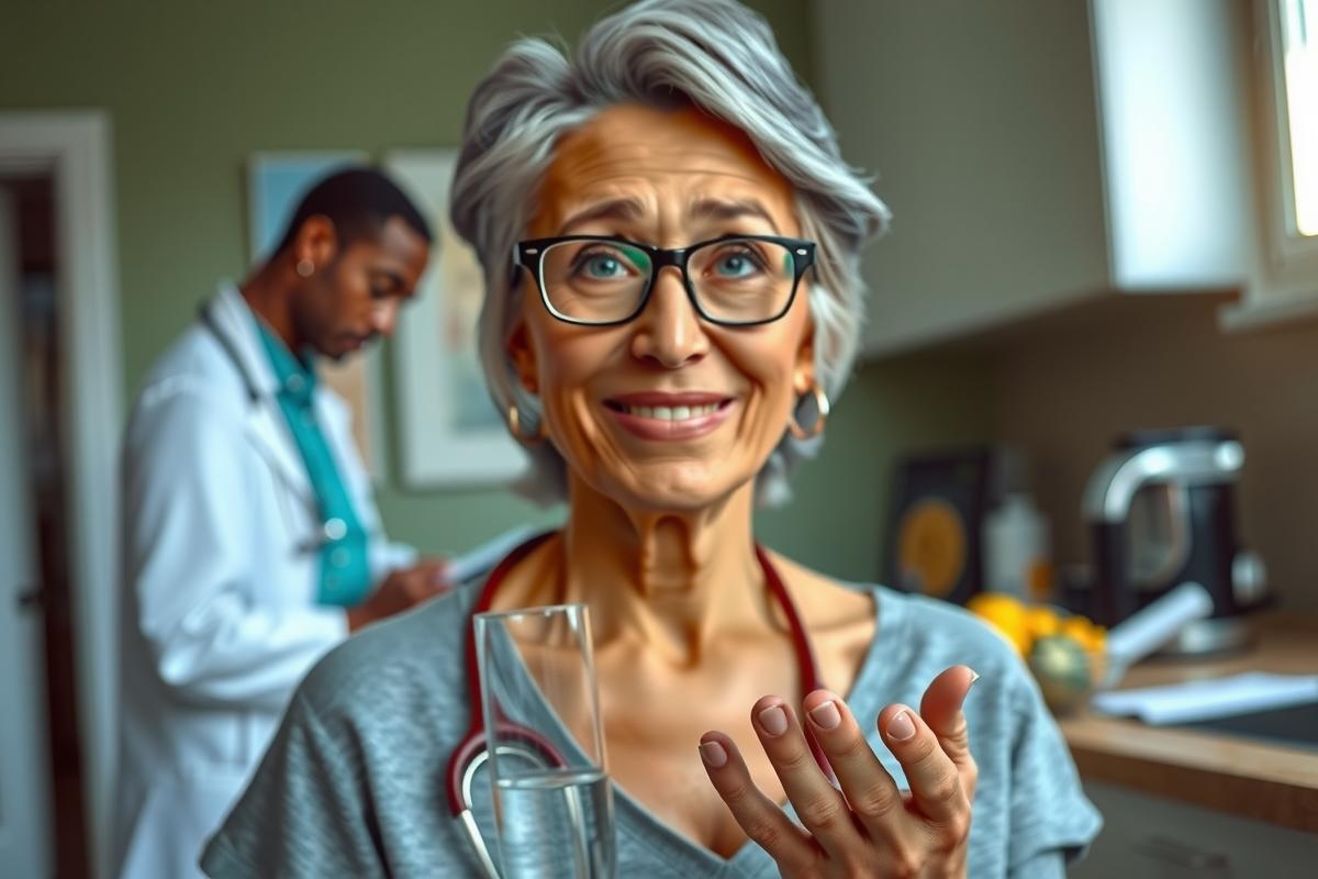The image shows an older woman doctor, likely in a domestic setting. She appears to be having a conversation with someone off-camera, as indicated by her focused gaze and slight smile. The man next to her is wearing a doctor's coat, suggesting that he might be a medical professional providing care or advice.