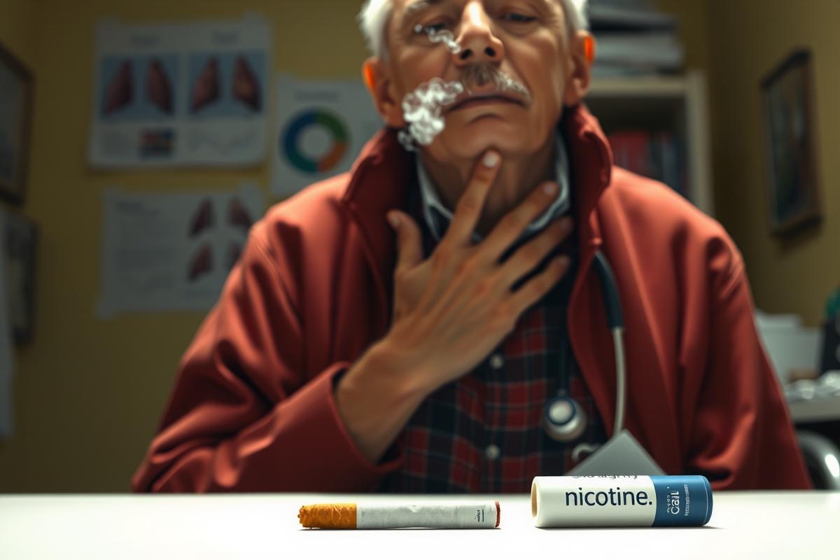 The image shows an older man with a mustache, wearing a red jacket and plaid shirt. He appears to be examining or treating a patient's wound.
