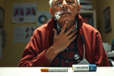 The image shows an older man with a mustache, wearing a red jacket and plaid shirt. He appears to be examining or treating a patient's wound. 