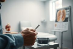 Healthcare concept: cigarette in hand near an ashtray, with a lung X-ray displayed in a medical setting. Blue and grey tones dominate, highlighting the dangers of smoking and respiratory health concerns. Doctor's uniform visible.