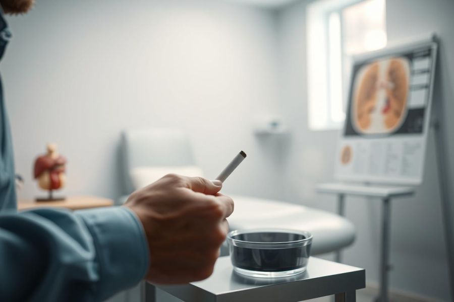 Healthcare concept: cigarette in hand near an ashtray, with a lung X-ray displayed in a medical setting. Blue and grey tones dominate, highlighting the dangers of smoking and respiratory health concerns. Doctor's uniform visible.