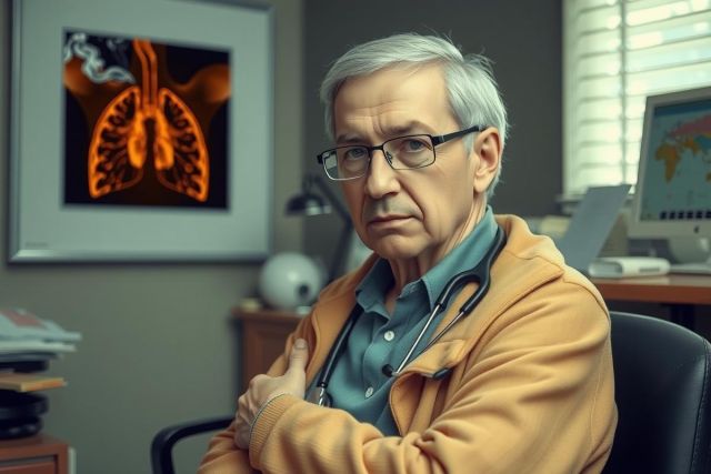 The image portrays a male physician in a professional setting. He is seated, hands crossed on his chest, with a focused expression looking off to the side.