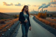 A young woman walking alone along a road at sunset, with a smoggy skyline in the background. She is wearing casual attire and looking away from the viewer towards the city horizon.