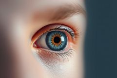 Close-up of a striking blue eye with detailed iris and eyelashes. Warm skin tones contrast against a dark gray background, highlighting the eye's vibrant color and texture. Focus on beauty, detail, and human anatomy.