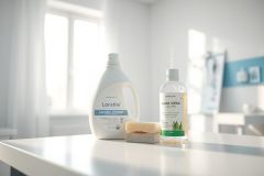 Bright, clean laundry scene featuring Lonstile laundry detergent and Aloe Vera liquid soap on a white surface. The image showcases eco-friendly cleaning products in a modern, light-filled room, emphasizing natural and gentle laundry solutions. White, green, and blue color palette.