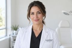Female cosmetic clinician in white coat standing in serene treatment room, confident, approachable expression.