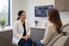 Dentist consulting a patient in a calm dental exam room with dental X-ray visible.