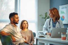 Doctor consults with a couple in a modern clinic. Focus on healthcare, patient care, and medical consultation. Bright and professional setting.