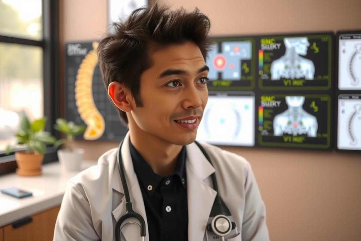 A doctor, wearing a white coat and stethoscope, is sitting at his desk in an office with medical equipment. The environment suggests a professional healthcare setting.