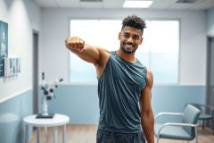 Smiling muscular man points forward in a bright, modern medical or physiotherapy clinic. Blue and white tones dominate the clean, minimalist interior. Fitness, health, and wellness concepts are represented in this image.