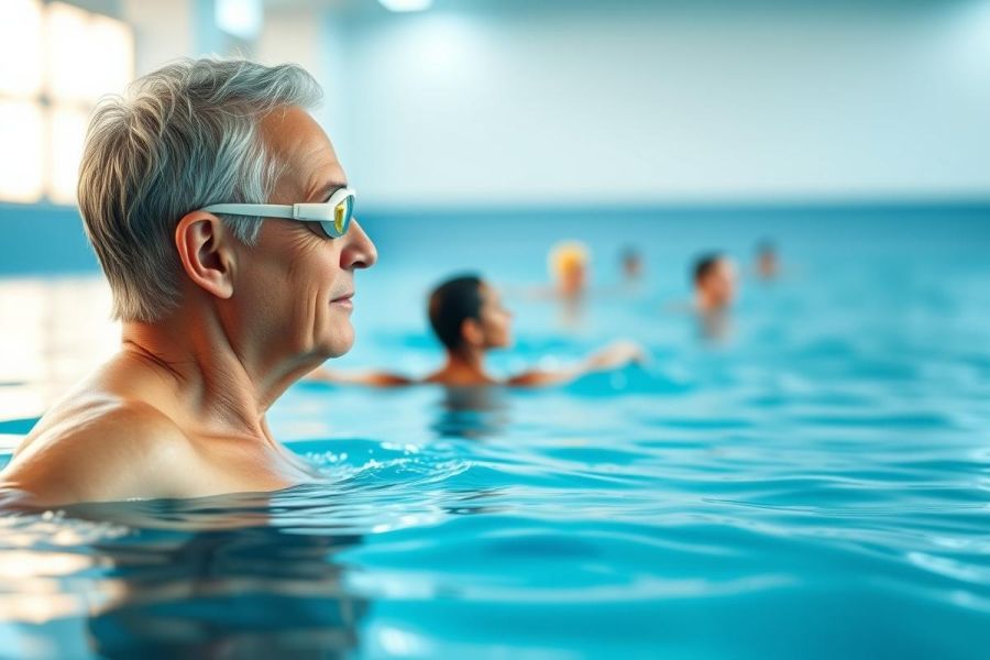 Senior man participating in an aqua aerobics class in a bright blue indoor swimming pool. Other participants are visible in the background. Focus is on healthy aging, fitness, and water exercise. Blue tones dominate the scene, conveying a sense of calm and well-being.