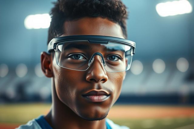 Close-up of a young Black man wearing protective sports eyewear, likely baseball safety glasses. He looks directly at the camera with a serious expression against a blurred stadium background. The image features cool tones and emphasizes eye protection for athletes.