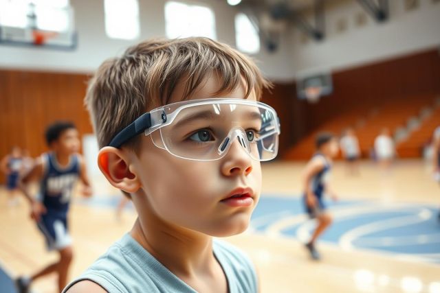 Young boy wearing protective safety glasses indoors, likely during a basketball game. Blurred background shows other children playing in a gymnasium. Focus on the child's face and blue/grey tones.