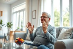 Senior man smiling and gesturing while seated on a comfortable couch in a bright, modern living room. Natural light streams through large windows. A bowl of fresh fruit sits nearby, suggesting healthy living and an active retirement lifestyle. Image depicts aging, wellness, and home life.