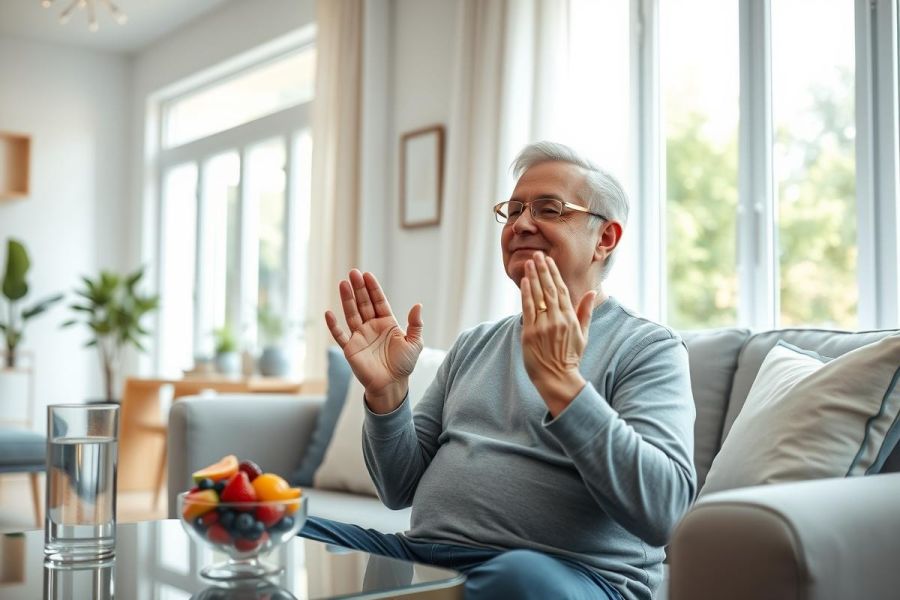 Senior man smiling and gesturing while seated on a comfortable couch in a bright, modern living room. Natural light streams through large windows. A bowl of fresh fruit sits nearby, suggesting healthy living and an active retirement lifestyle. Image depicts aging, wellness, and home life.
