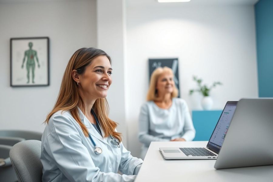 Doctor consults with a patient in a bright, modern clinic. A female doctor in a white coat smiles while reviewing data on a laptop with a patient. Anatomy chart visible in the background. Healthcare, medical consultation, and patient care themes.