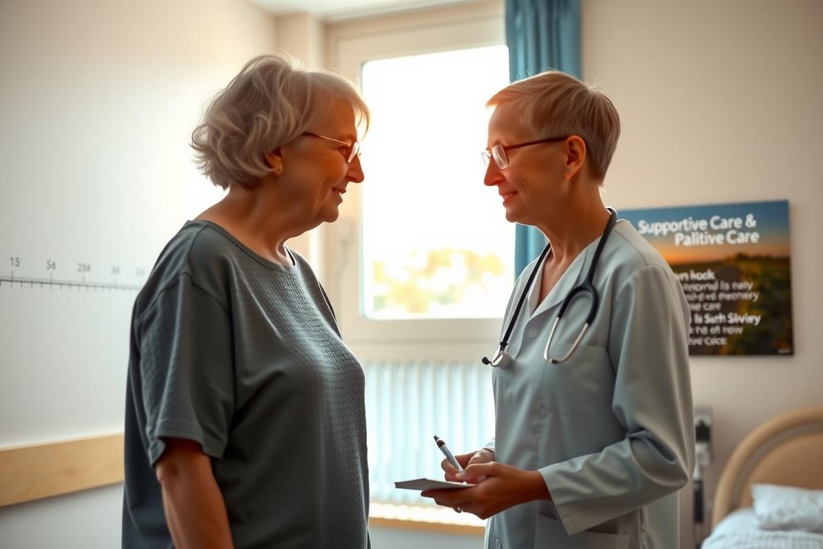 The image depicts an emotional interaction between two individuals in a hospital room. The elderly patient, wearing a hospital gown, is seated in the foreground, while a healthcare professional stands beside her. Both are facing each other and appear to be engaged in conversation.