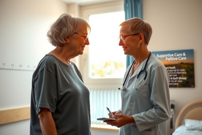 The image depicts an emotional interaction between two individuals in a hospital room. The elderly patient, wearing a hospital gown, is seated in the foreground, while a healthcare professional stands beside her. Both are facing each other and appear to be engaged in conversation. 