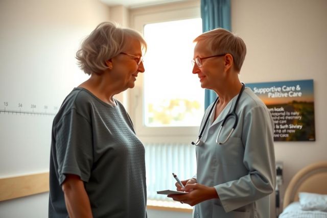 The image depicts an emotional interaction between two individuals in a hospital room. The elderly patient, wearing a hospital gown, is seated in the foreground, while a healthcare professional stands beside her. Both are facing each other and appear to be engaged in conversation. 