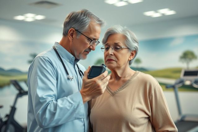 Doctor examining senior woman's blood sugar with a glucose meter. Healthcare scene in a modern, brightly lit setting with exercise equipment visible. Focus on medical care and elderly health.