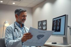 A smiling male doctor in a white coat reviews medical imaging results, including MRI scans, in a modern clinic setting. The image depicts healthcare, diagnostics, and patient care with a focus on medical professionals and technology. The color palette is neutral with accents of blue and white.