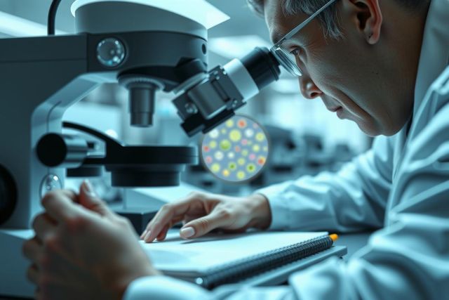 Scientist examining a sample under a microscope in a lab. Research, biology, and medical investigation are evident in this bright, focused image.
