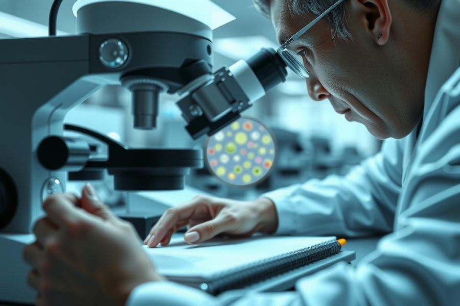 Scientist examining a sample under a microscope in a lab. Research, biology, and medical investigation are evident in this bright, focused image.