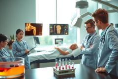 The image shows a group of healthcare professionals, including doctors and nurses, gathered in an operating room or medical consultation room. They are attentively focused on a patient lying on the bed, possibly discussing treatment options or sharing expertise.