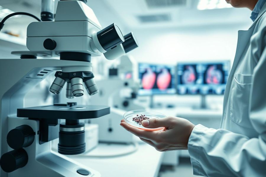 Laboratory scene featuring a scientist examining cells in a petri dish with a microscope. The image showcases scientific research, biology, and medical technology in a modern lab setting with cool blue and white tones.