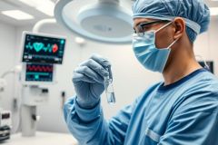 Surgeon in blue scrubs and mask holds vial in operating room. Medical equipment and monitors visible. Healthcare, surgery, and medical science themes. Blue and white color palette.