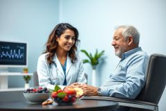 Doctor consulting with a senior patient in a bright, modern clinic. The image shows a friendly healthcare professional, likely discussing health and wellness with an older man. A computer monitor and fruit bowl are visible, suggesting a focus on health and nutrition. Blue and green tones create a calming atmosphere.