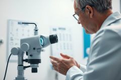 Optometrist examining eye with specialized equipment in a modern clinic. The image features a professional in a white coat, glasses, and a close-up view of an optical instrument against a bright, clean background with an eye chart visible. Healthcare, vision care, and eye exam themes.